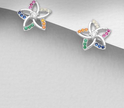 925 Sterling Silver Flower Push-Back Earrings Decorated with Colorful CZ Simulated Diamonds, CZ Simulated Diamond Colors may Vary.
