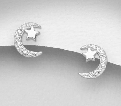 925 Sterling Silver Moon and Star Earrings, Decorated with CZ Simulated Diamonds