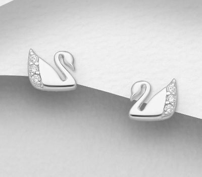 Şəkli böyütmək üçün tiklayın 925 Sterling Silver Swan Push-Back Earrings, Decorated with CZ Simulated Diamonds
