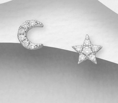 925 Sterling Silver Moon and Star Push-Back Earrings, Decorated with CZ Simulated Diamonds