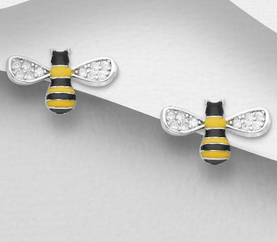 Şəkli böyütmək üçün tiklayın 925 Sterling Silver Bee Push-Back Earrings Decorated with CZ Simulated Diamonds and Colored Enamel