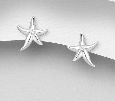 925 Sterling Silver Starfish Push-Back Earrings, Decorated with CZ Simulated Diamonds