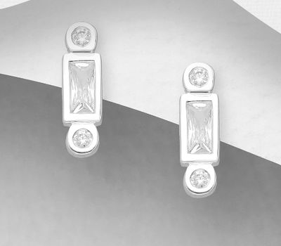 925 Sterling Silver Rectangle and Circles Push-Back Earrings, Decorated with CZ Simulated Diamonds