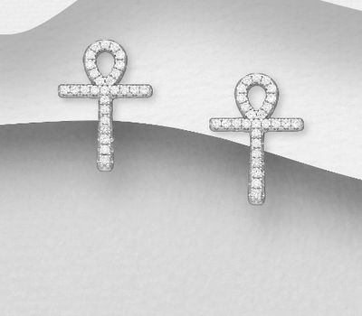 925 Sterling Silver Egyptian Cross Push-Back Earrings, Decorated with CZ Simulated Diamonds