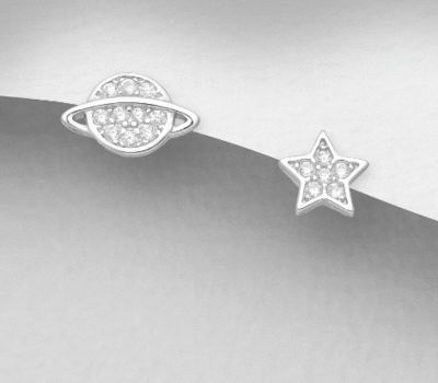 925 Sterling Silver Saturn and Star Push-Back Earrings, Decorated with CZ Simulated Diamonds