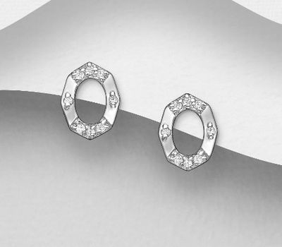 925 Sterling Silver Oval Push-Back Earrings, Decorated with CZ Simulated Diamonds