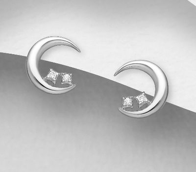 925 Sterling Silver Moon Push-Back Earrings, Decorated with CZ Simulated Diamonds