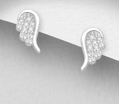 925 Sterling Silver Wings Push-Back Earrings, Decorated with CZ Simulated Diamonds