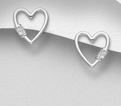 925 Sterling Silver Heart Push-Back Earrings, Decorated with CZ Simulated Diamonds