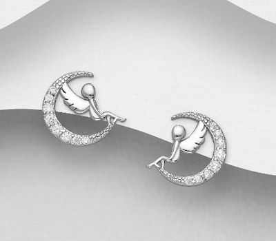 925 Sterling Silver Angel and Moon Push-Back Earrings