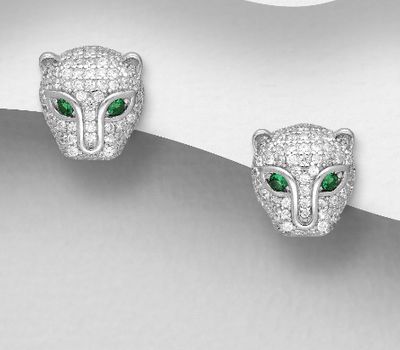 925 Sterling Silver Panther Push-Back Earrings, Decorated with CZ Simulated Diamonds