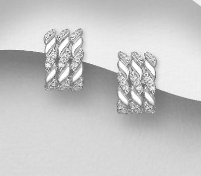 925 Sterling Silver Push-Back Earrings, Decorated with CZ Simulated Diamonds