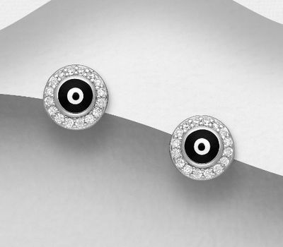 925 Sterling Silver Circle Push-Back Earrings, Decorated with Colored Enamel and CZ Simulated Diamonds