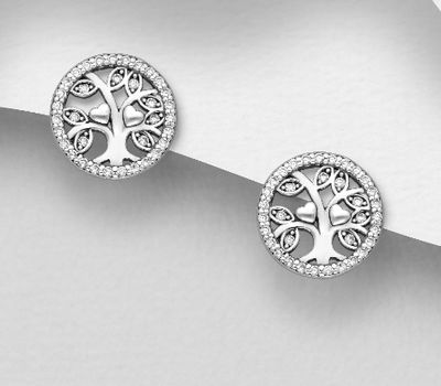 925 Sterling Silver Tree of Life Push-Back Earrings, Featuring Heart Design, Decorated with CZ Simulated Diamonds