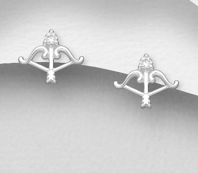 925 Sterling Silver Arrow and Bow Push-Back Earrings, Decorated with CZ Simulated Diamonds