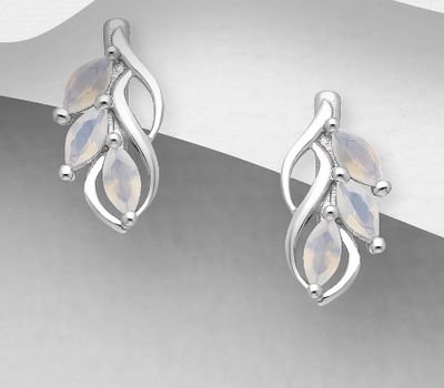925 Sterling Silver Leaf Push-Back Earrings, Decorated with CZ simulated Diamonds