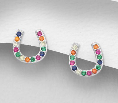 925 Sterling Silver Horseshoe Push-Back Earrings, Decorated with Colorful CZ Simulated Diamonds, CZ Simulated Diamond Colors may Vary.
