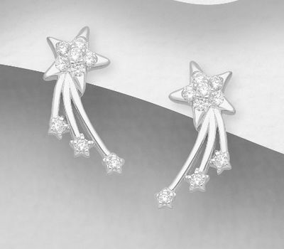 925 Sterling Silver Star Push-Back Earrings Decorated with CZ Simulated Diamonds