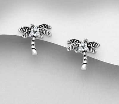 Şəkli böyütmək üçün tiklayın 925 Sterling Silver Oxidized Coconut Tree Push-Back Earrings, Decorated with CZ Simulated Diamonds