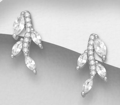 925 Sterling Silver Leaf Push-Back Earrings Decorated with CZ Simulated Diamonds