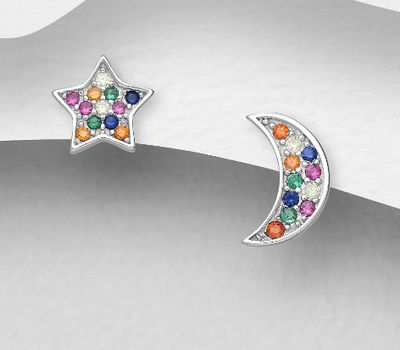 925 Sterling Silver Moon and Star Push-Back Earrings, Decorated with Colorful CZ Simulated Diamonds, CZ Simulated Diamond Colors may Vary.