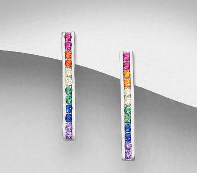 925 Sterling Silver Bar Push-Back Earrings Decorated with Colorful CZ Simulated Diamonds, CZ Simulated Diamond Colors may Vary.