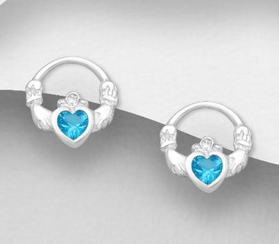 925 Sterling Silver Claddagh Push-Back Earrings, Decorated with CZ Simulated Diamonds