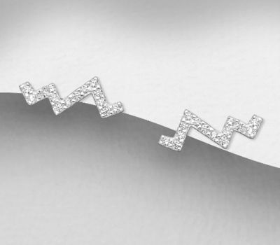 Şəkli böyütmək üçün tiklayın 925 Sterling Silver Heartbeat Push-Back Earrings, Decorated with CZ Simulated Diamonds