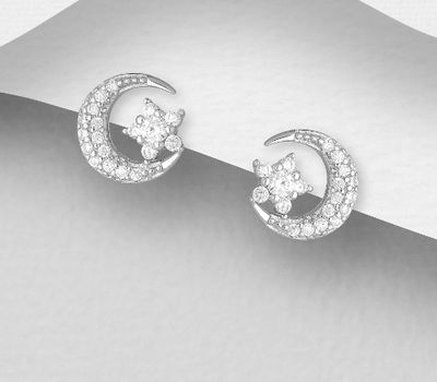 925 Sterling Silver Crescent Moon and Star Push-Back Earrings, Decorated with CZ Simulated Diamonds