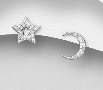 925 Sterling Silver Moon and Star Push-Back Earrings, Decorated with CZ Simulated Diamonds