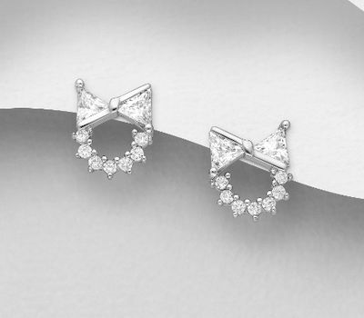 925 Sterling Silver Bow Push-Back Earrings, Decorated with CZ Simulated Diamonds