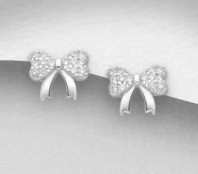 925 Sterling Silver Bow Push-Back Earrings, Decorated with CZ Simulated Diamonds