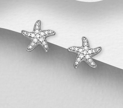 925 Sterling Silver Starfish Push-Back Earrings, Decorated with CZ Simulated Diamonds