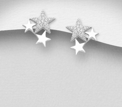 925 Sterling Silver Star Push-Back Earrings Decorated with CZ Simulated Diamonds, Plated with Rhodium