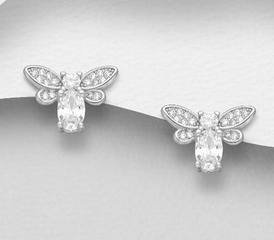 925 Sterling Silver Bee  Push-Back Earrings,  Decorated with CZ Simulated Diamonds
