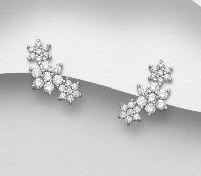 925 Sterling Silver Flower Push-Back Earrings, Decorated with CZ Simulated Diamonds