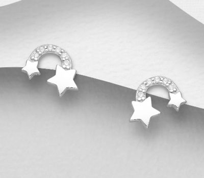 925 Sterling Silver Rainbow Star Push-Back Earrings, Decorated with CZ Simulated Diamonds