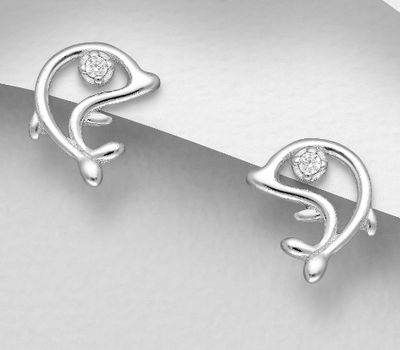 925 Sterling Silver Dolphin Push-Back Earrings, Decorated with CZ Simulated Diamonds