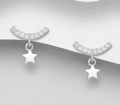 925 Sterling Silver Star Push-Back Earrings, Decorated with CZ Simulated Diamonds