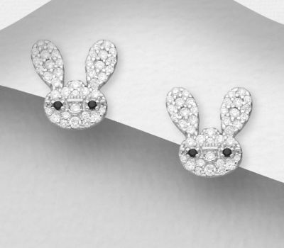 925 Sterling Silver Rabbit Push-Back Earrings, Decorated with CZ Simulated Diamonds