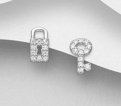 925 Sterling Silver Key and Padlock Push-Back Earrings, Decorated with CZ Simulated Diamonds