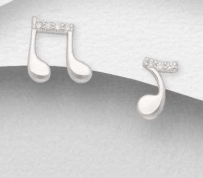 925 Sterling Silver Music Notes Push-Back Earrings, Decorated with CZ Simulated Diamonds