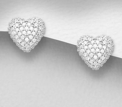 925 Sterling Silver Heart Push-back Earrings, Decorated with CZ Simulated Diamonds