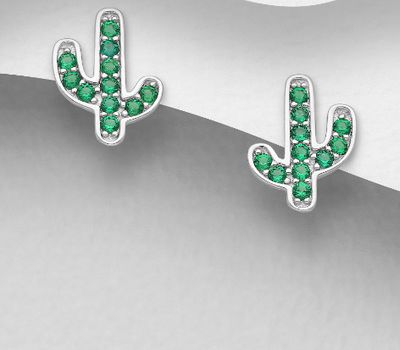 925 Sterling Silver Cactus Push-Back Earrings, Decorated with CZ simulated Diamonds