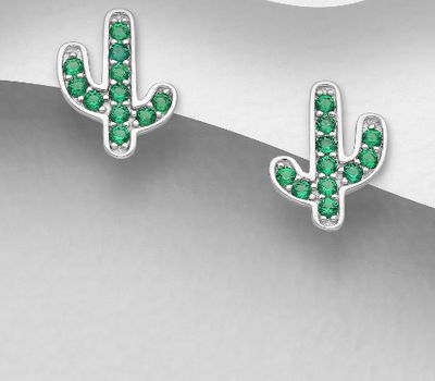 Şəkli böyütmək üçün tiklayın 925 Sterling Silver Cactus Push-Back Earrings, Decorated with CZ simulated Diamonds