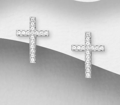 925 Sterling Silver Cross Push-Back Earrings, Decorated with CZ Simulated Diamonds
