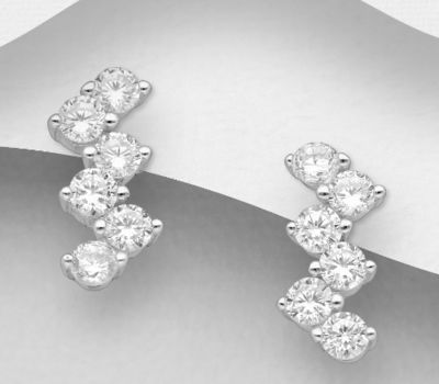 925 Sterling Silver Push-Back Earrings, Decorated with CZ Simulated Diamonds