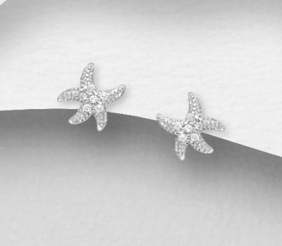 Şəkli böyütmək üçün tiklayın 925 Sterling Silver Starfish Push-Back Earrings, Decorated with CZ Simulated Diamonds