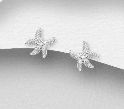 925 Sterling Silver Starfish Push-Back Earrings, Decorated with CZ Simulated Diamonds