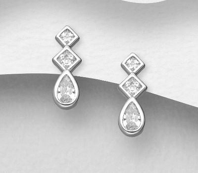 Şəkli böyütmək üçün tiklayın 925 Sterling Silver Droplet Push-Back Earrings, Featuring Rhombus Design, Decorated with CZ Simulated Diamonds